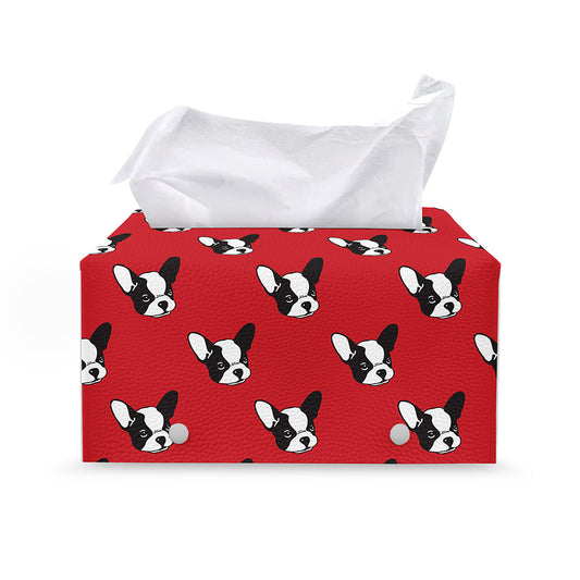 Red French Bulldog Pattern Print Leather Tissue Box Cover