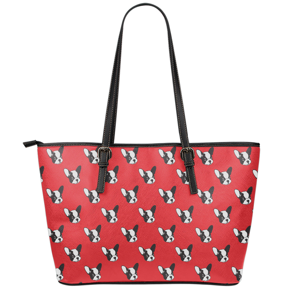 Red French Bulldog Pattern Print Leather Tote Bag