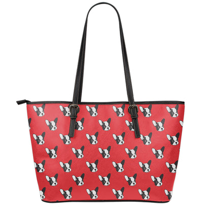 Red French Bulldog Pattern Print Leather Tote Bag