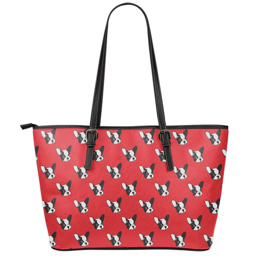 Red French Bulldog Pattern Print Leather Tote Bag