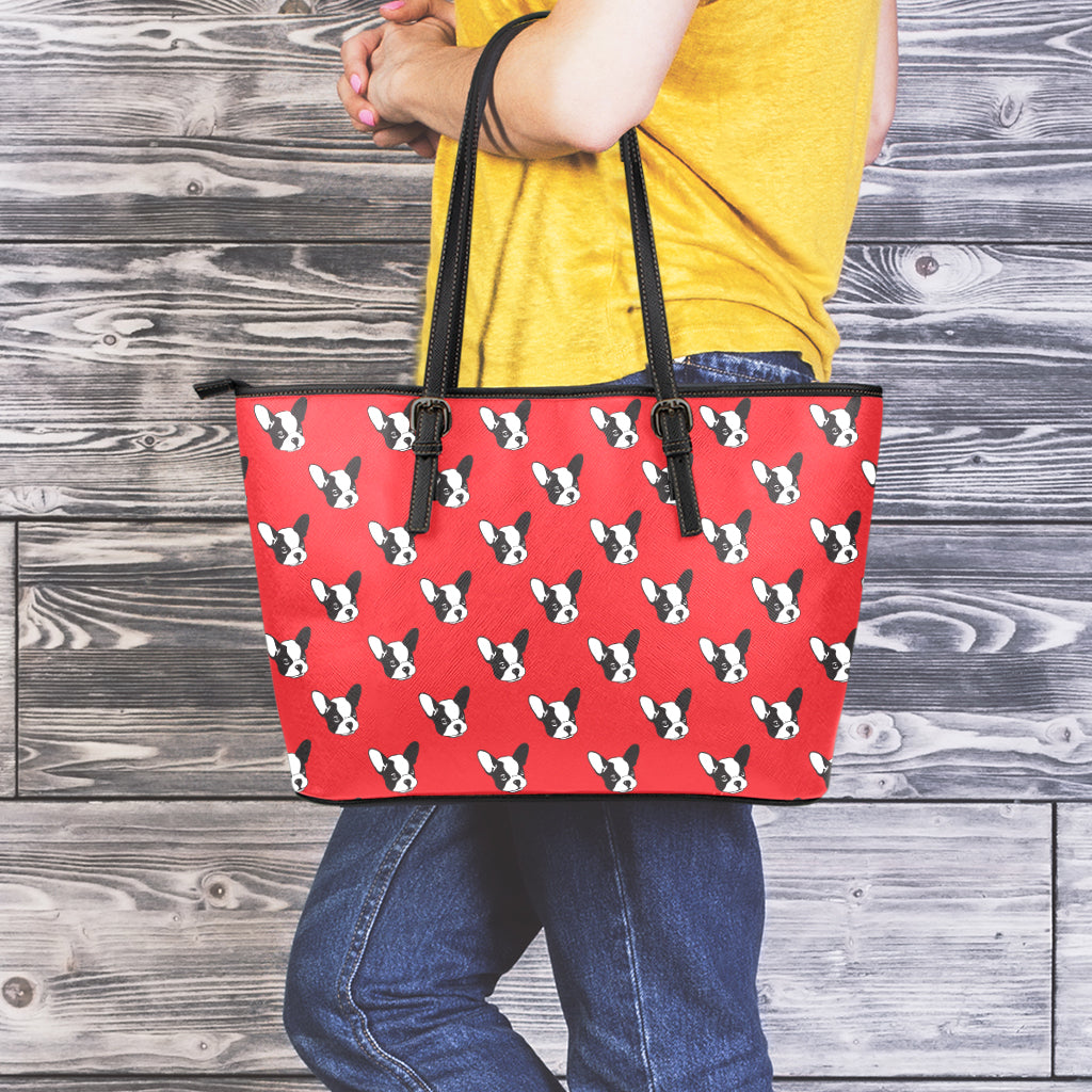 Red French Bulldog Pattern Print Leather Tote Bag