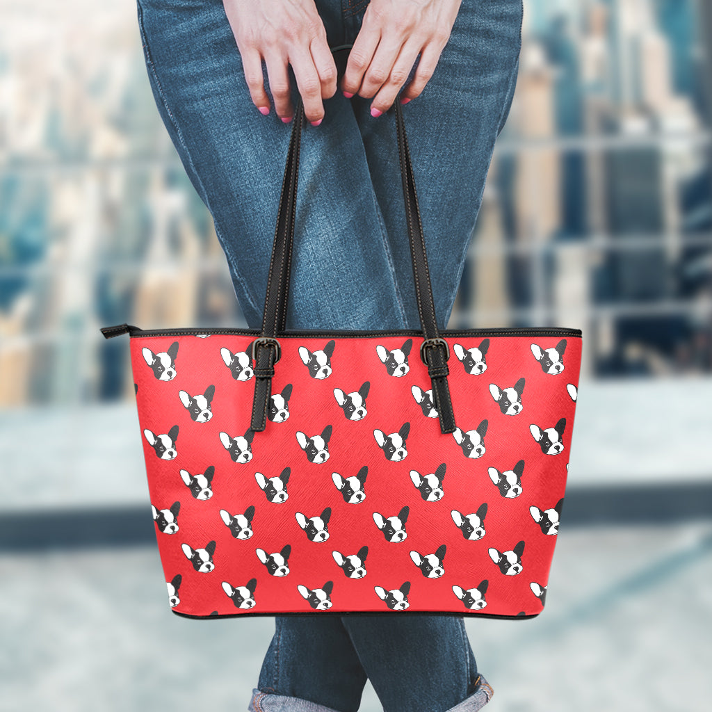Red French Bulldog Pattern Print Leather Tote Bag