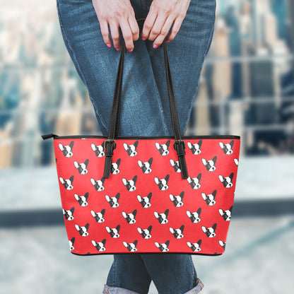 Red French Bulldog Pattern Print Leather Tote Bag