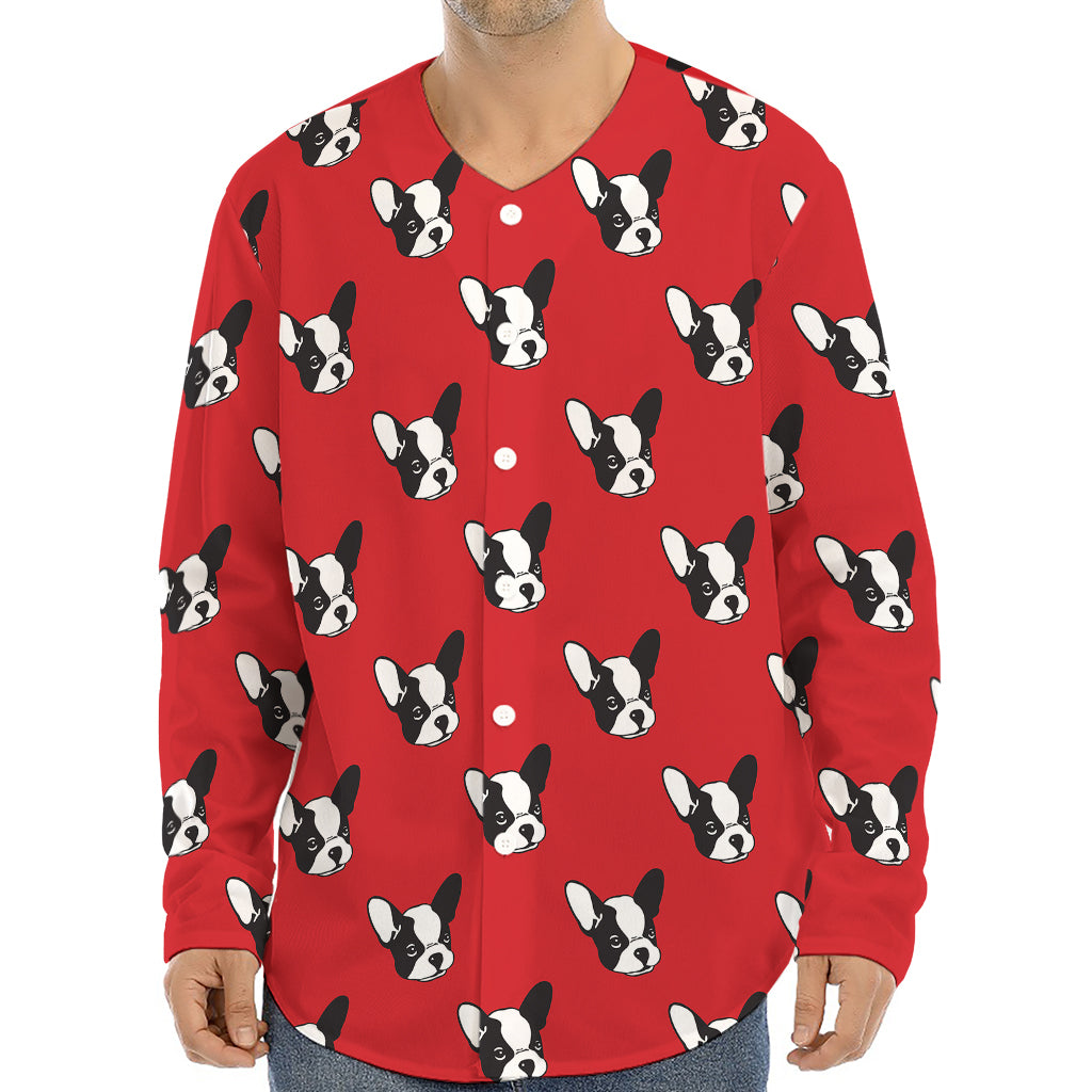 Red French Bulldog Pattern Print Long Sleeve Baseball Jersey