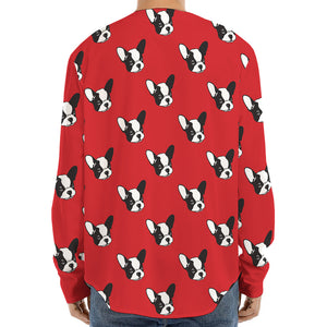 Red French Bulldog Pattern Print Long Sleeve Baseball Jersey