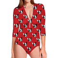 Red French Bulldog Pattern Print Long Sleeve Swimsuit