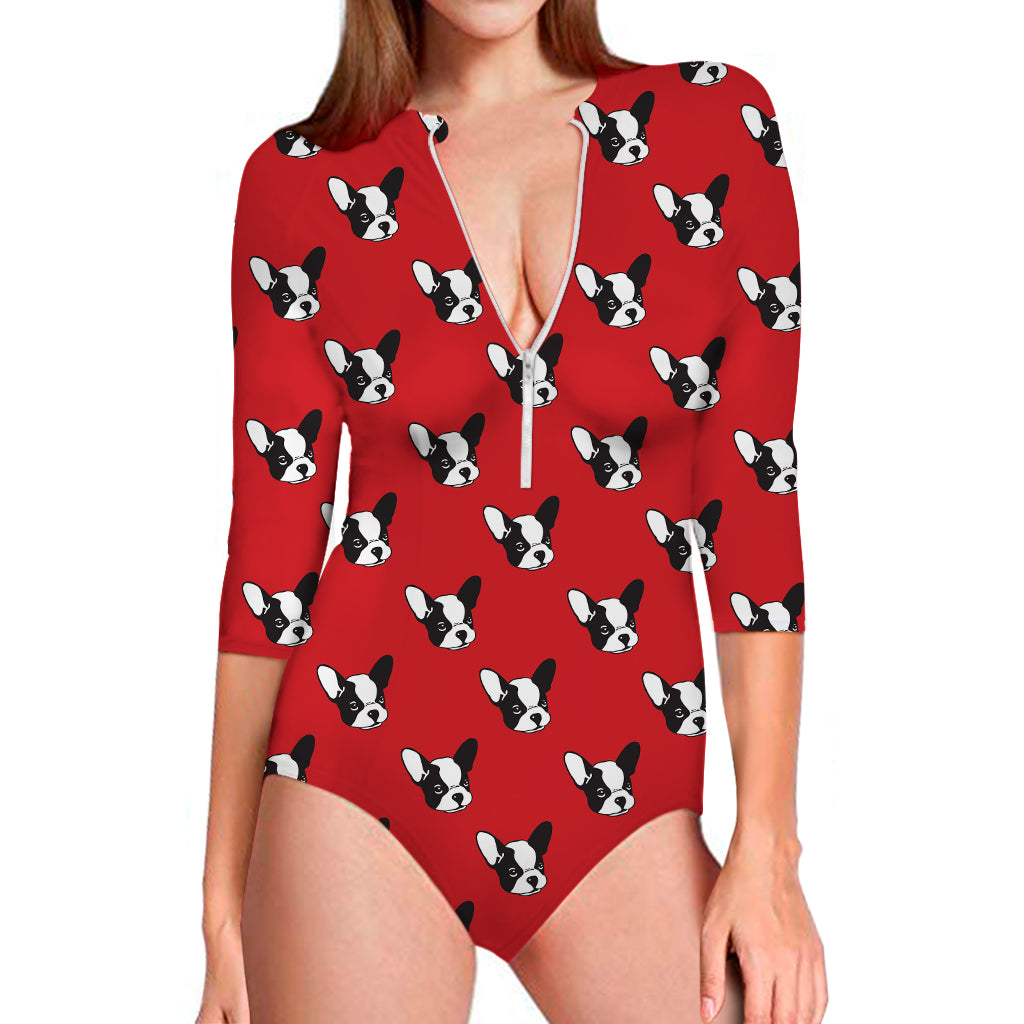 Red French Bulldog Pattern Print Long Sleeve Swimsuit