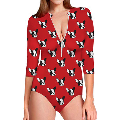 Red French Bulldog Pattern Print Long Sleeve Swimsuit