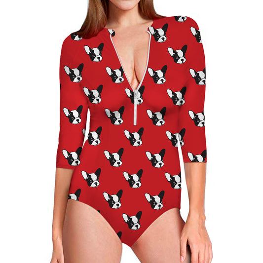 Red French Bulldog Pattern Print Long Sleeve Swimsuit