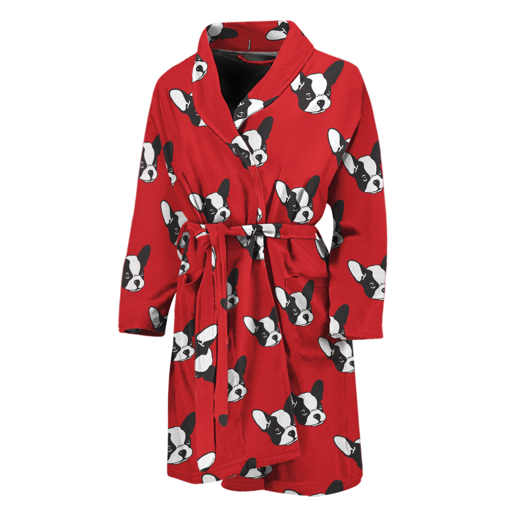 Red French Bulldog Pattern Print Men's Bathrobe