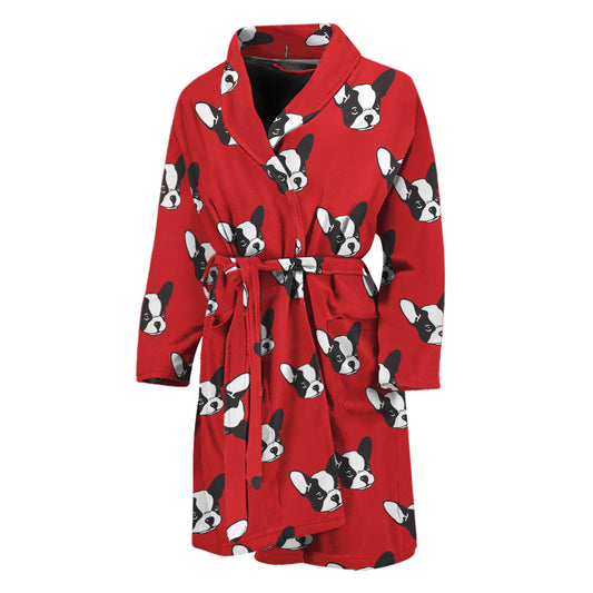 Red French Bulldog Pattern Print Men's Bathrobe