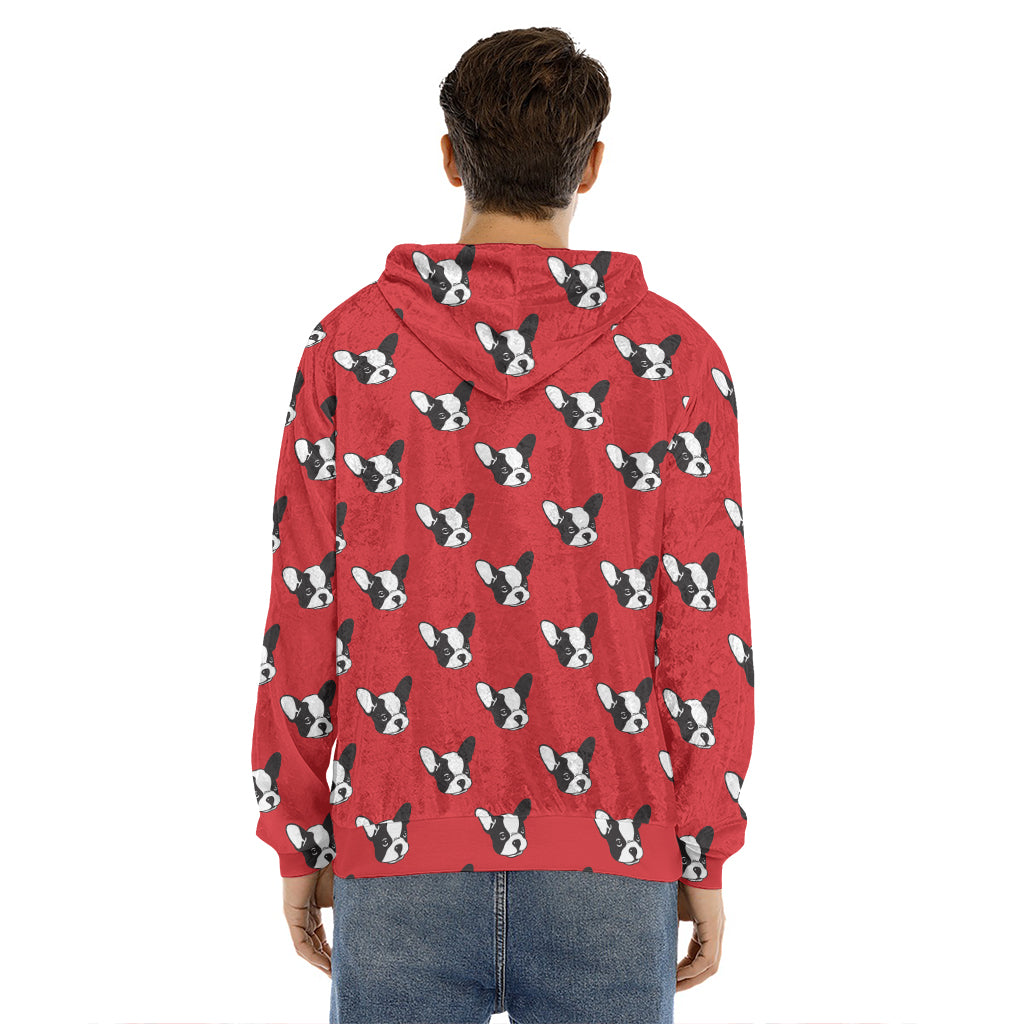 Red French Bulldog Pattern Print Men's Velvet Pullover Hoodie
