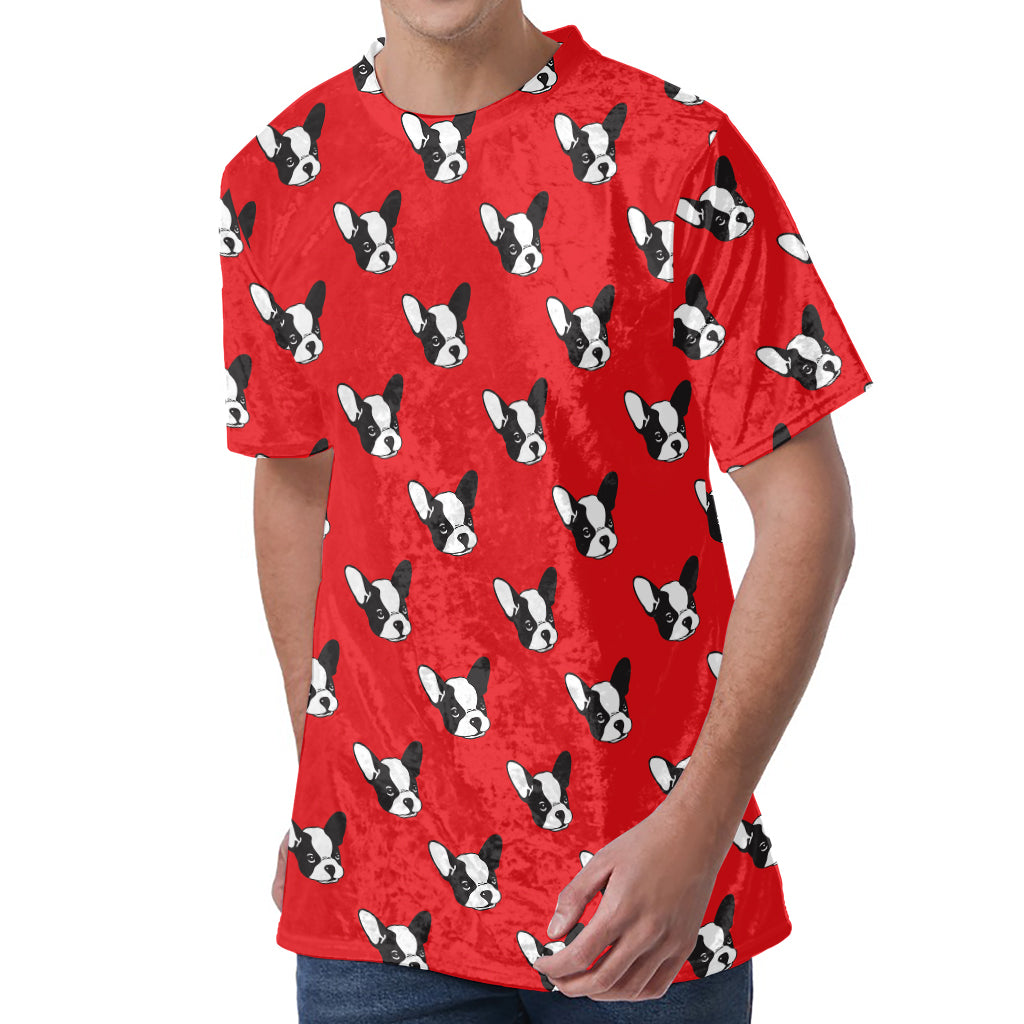 Red French Bulldog Pattern Print Men's Velvet T-Shirt