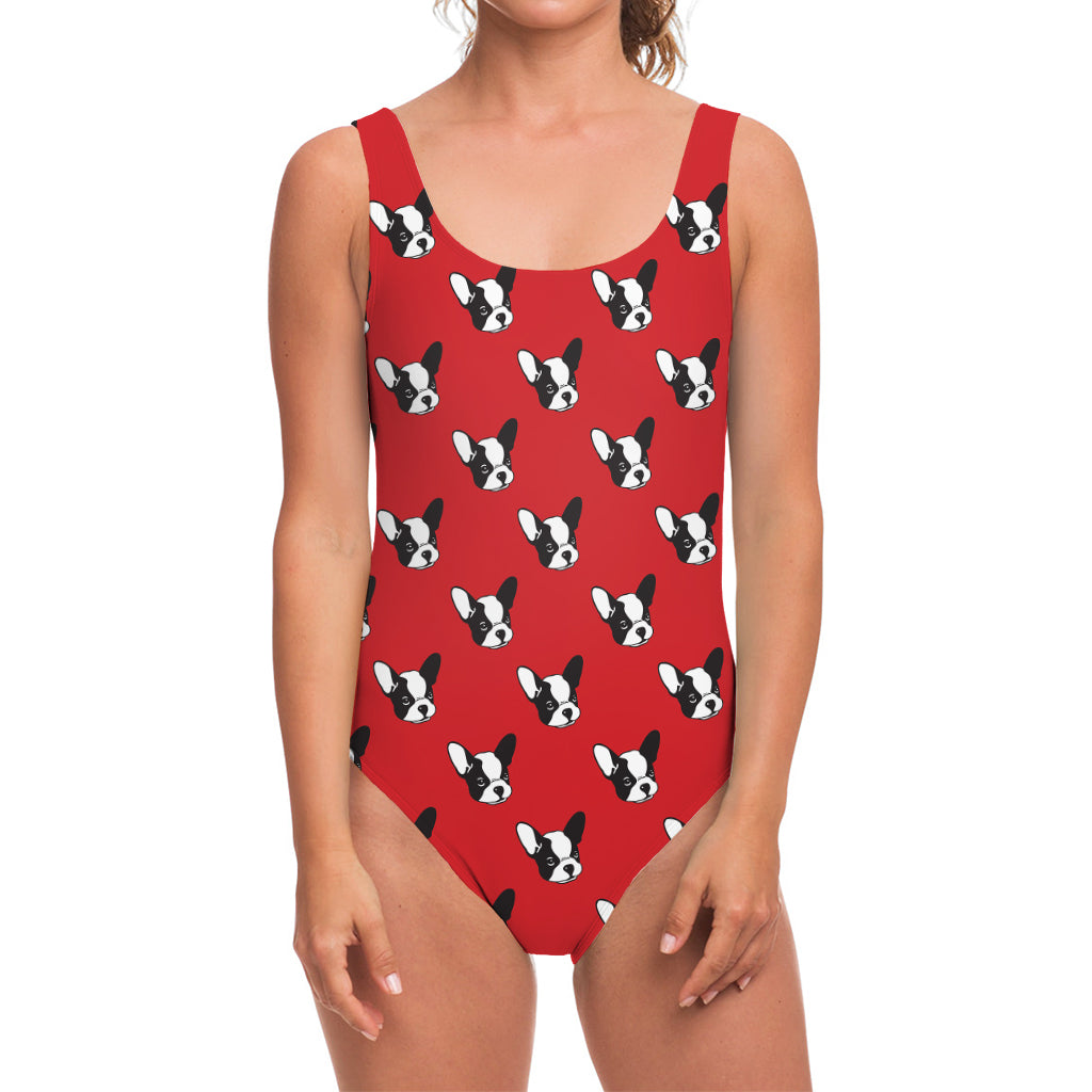 Red French Bulldog Pattern Print One Piece Swimsuit