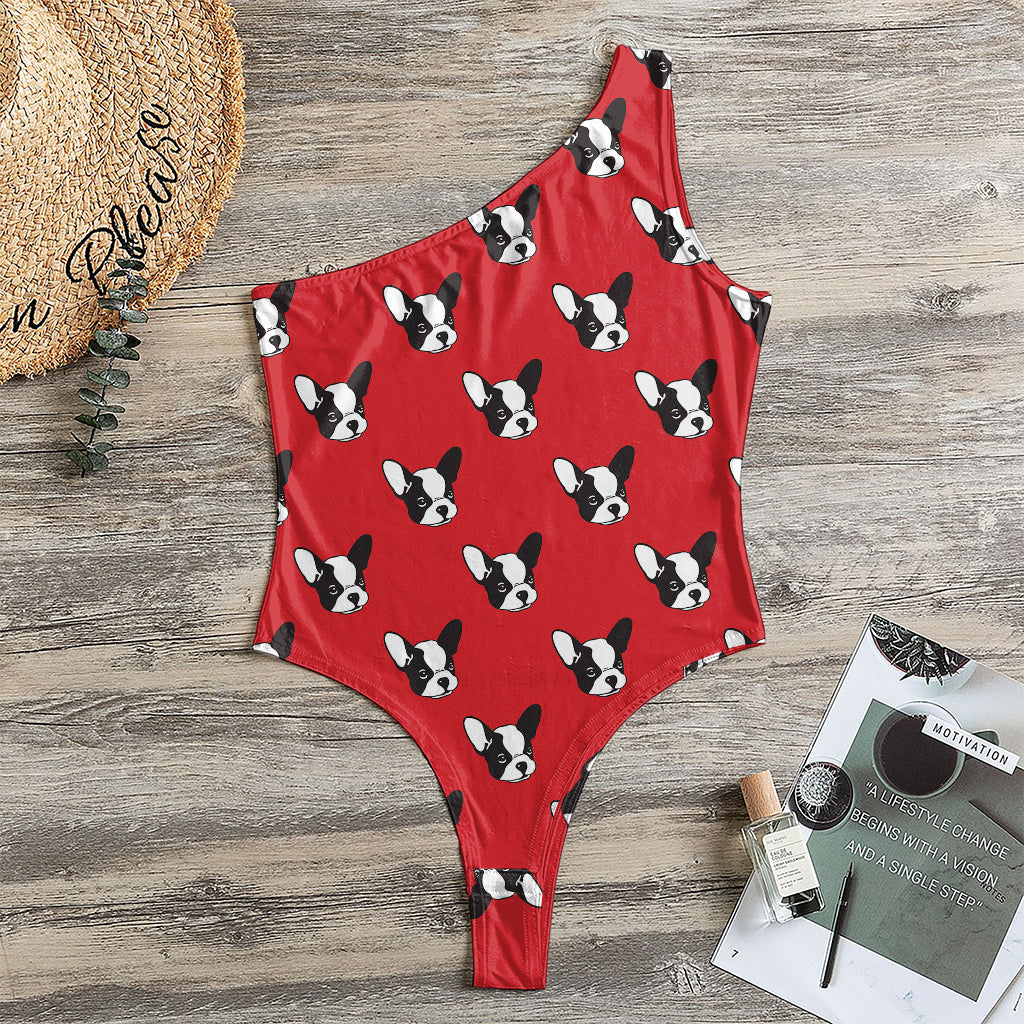 Red French Bulldog Pattern Print One Shoulder Bodysuit