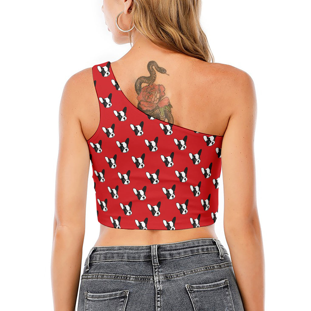 Red French Bulldog Pattern Print One Shoulder Crop Top