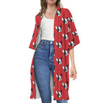 Red French Bulldog Pattern Print Open Front Beach Cover Up