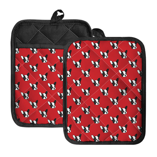 Red French Bulldog Pattern Print Pot Holders With Pocket
