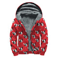 Red French Bulldog Pattern Print Sherpa Lined Zip Up Hoodie