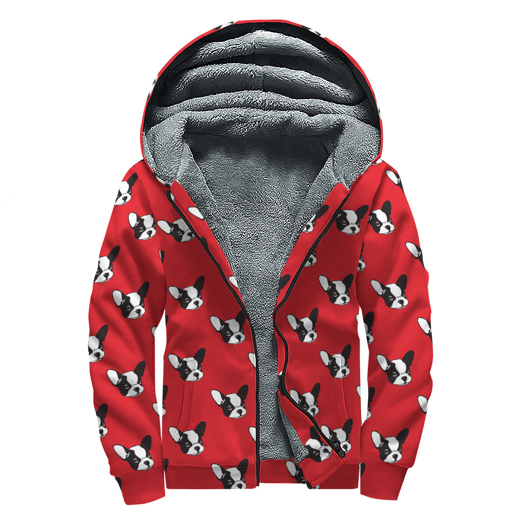Red French Bulldog Pattern Print Sherpa Lined Zip Up Hoodie