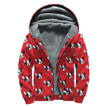 Red French Bulldog Pattern Print Sherpa Lined Zip Up Hoodie