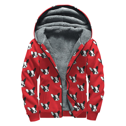 Red French Bulldog Pattern Print Sherpa Lined Zip Up Hoodie