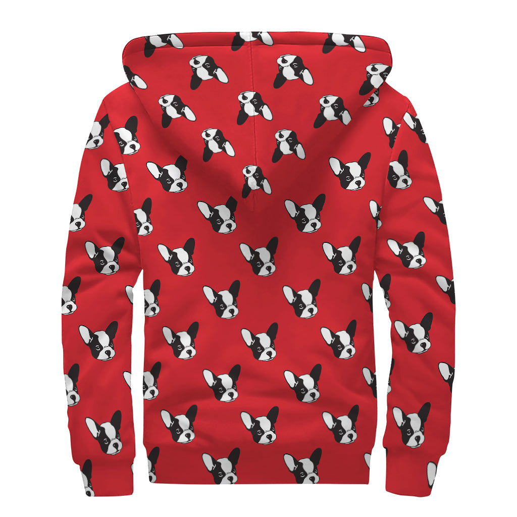 Red French Bulldog Pattern Print Sherpa Lined Zip Up Hoodie