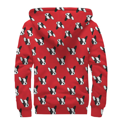 Red French Bulldog Pattern Print Sherpa Lined Zip Up Hoodie