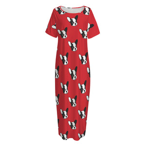 Red French Bulldog Pattern Print Short Sleeve Long Nightdress