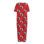 Red French Bulldog Pattern Print Short Sleeve Long Nightdress