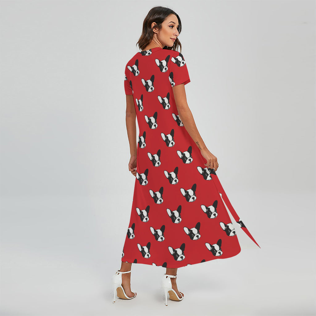 Red French Bulldog Pattern Print Short Sleeve Maxi Dress