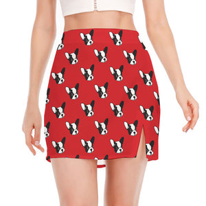 Red French Bulldog Pattern Print Side Slit Mini Skirt