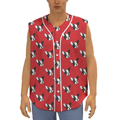 Red French Bulldog Pattern Print Sleeveless Baseball Jersey