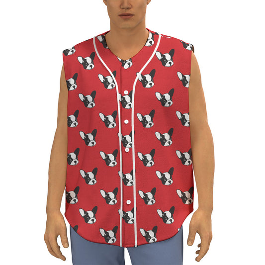 Red French Bulldog Pattern Print Sleeveless Baseball Jersey