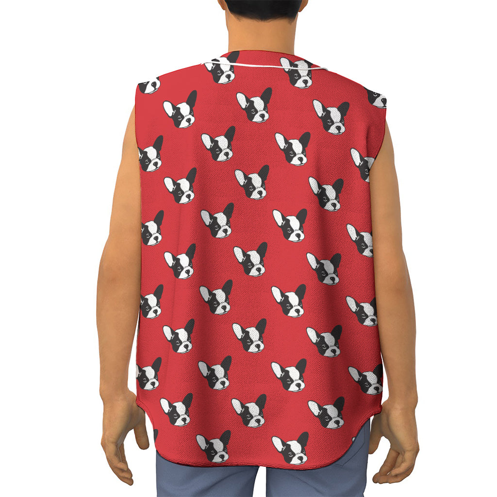 Red French Bulldog Pattern Print Sleeveless Baseball Jersey