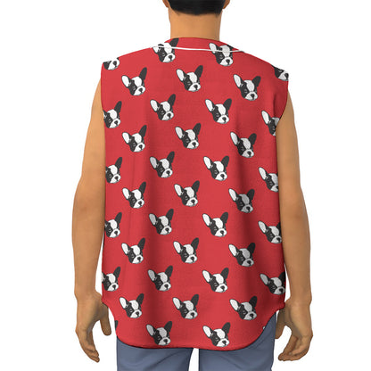 Red French Bulldog Pattern Print Sleeveless Baseball Jersey