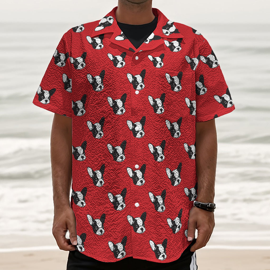 Red French Bulldog Pattern Print Textured Short Sleeve Shirt