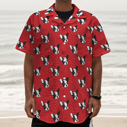 Red French Bulldog Pattern Print Textured Short Sleeve Shirt