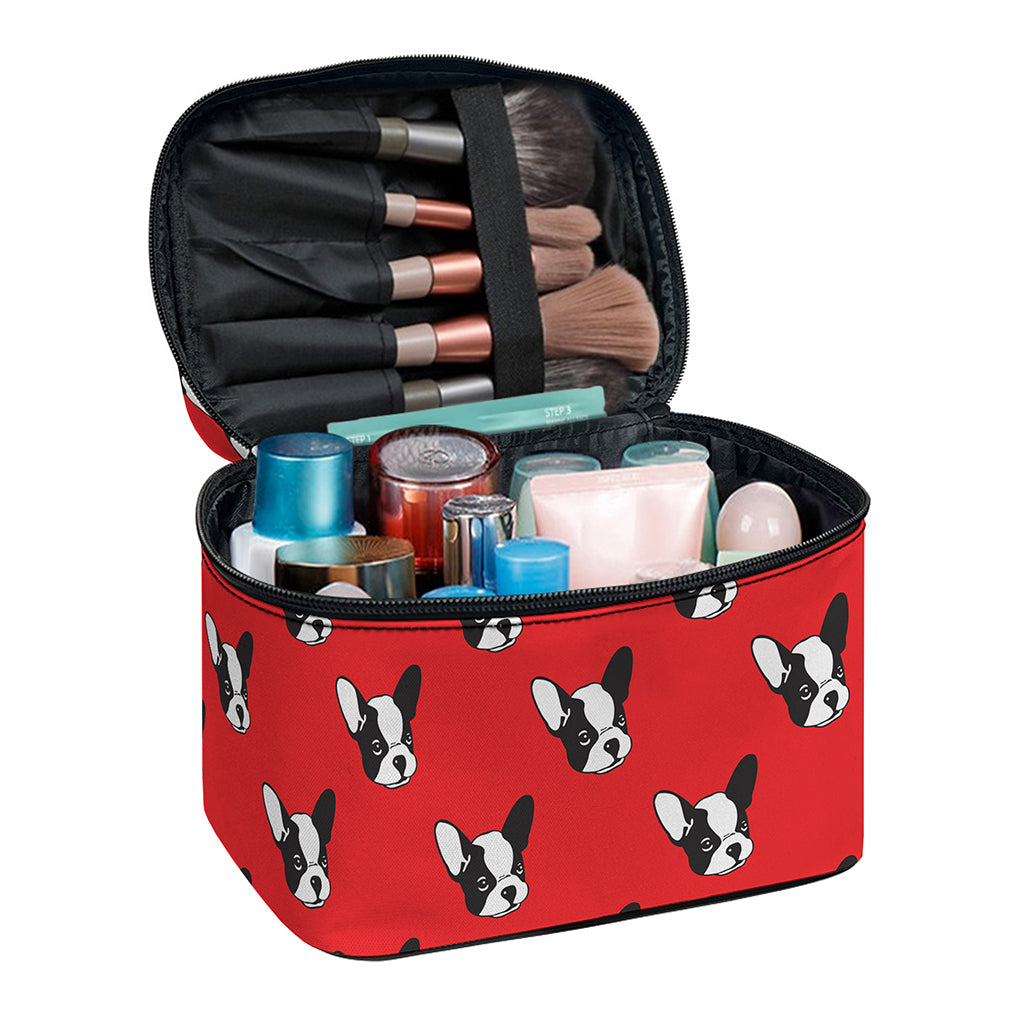 Red French Bulldog Pattern Print Travel Makeup Bag
