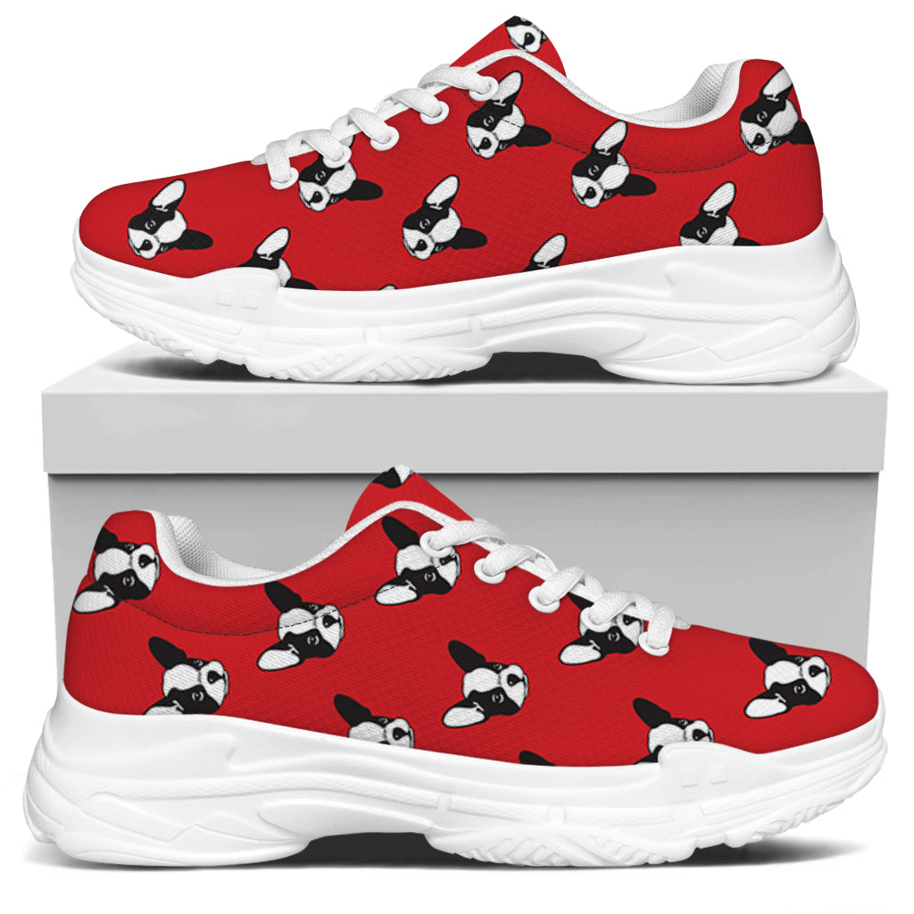 Red French Bulldog Pattern Print White Chunky Shoes