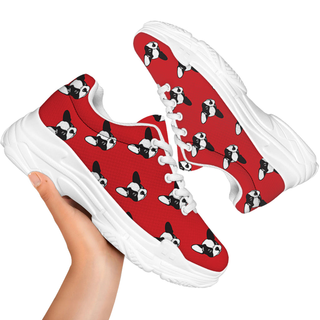 Red French Bulldog Pattern Print White Chunky Shoes