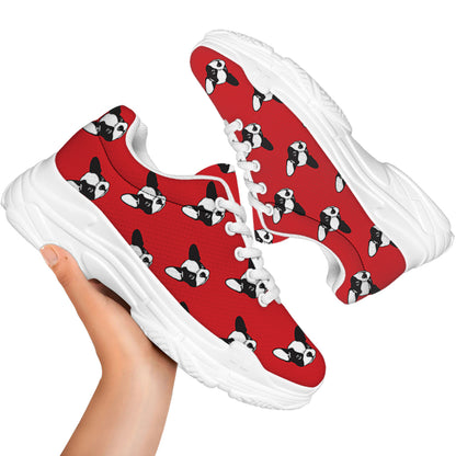 Red French Bulldog Pattern Print White Chunky Shoes