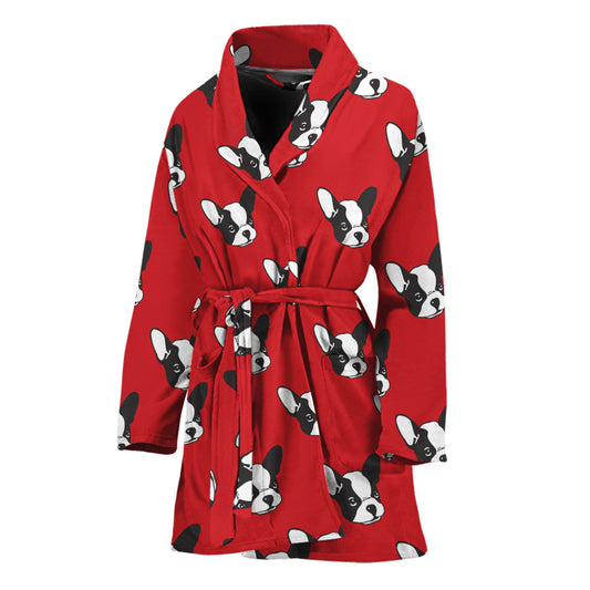 Red French Bulldog Pattern Print Women's Bathrobe