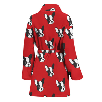 Red French Bulldog Pattern Print Women's Bathrobe