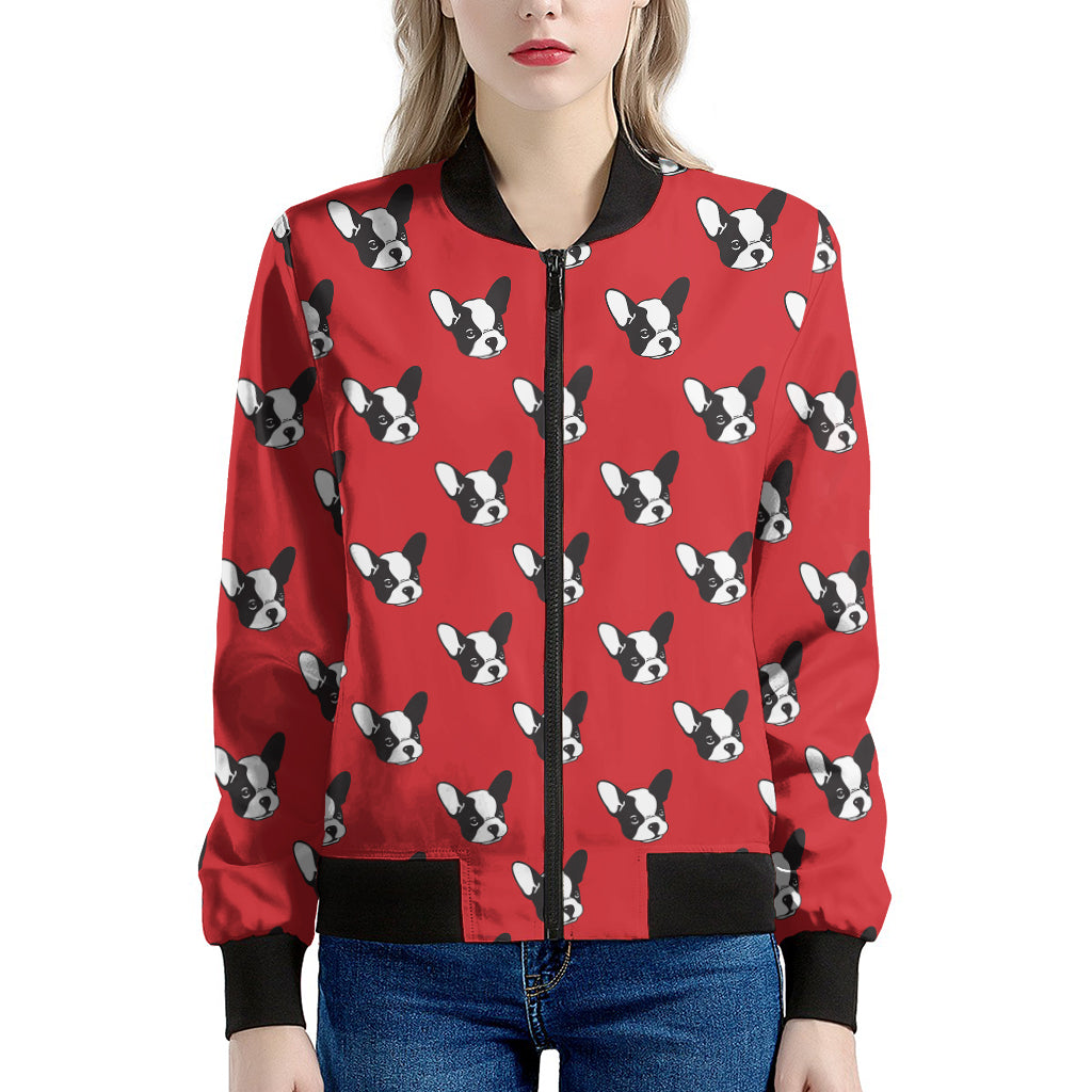 Red French Bulldog Pattern Print Women's Bomber Jacket