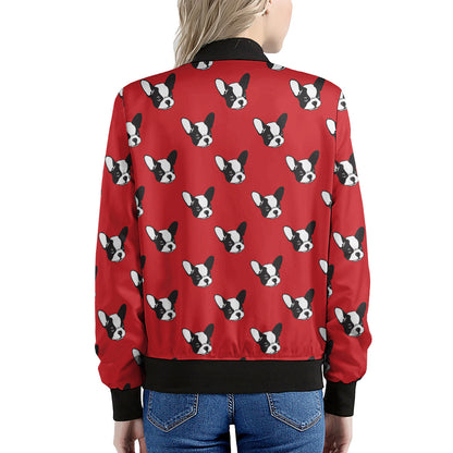 Red French Bulldog Pattern Print Women's Bomber Jacket
