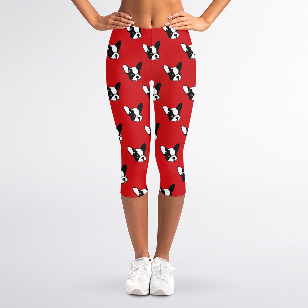 Red French Bulldog Pattern Print Women's Capri Leggings