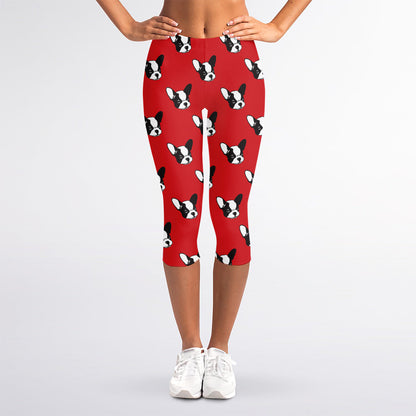 Red French Bulldog Pattern Print Women's Capri Leggings