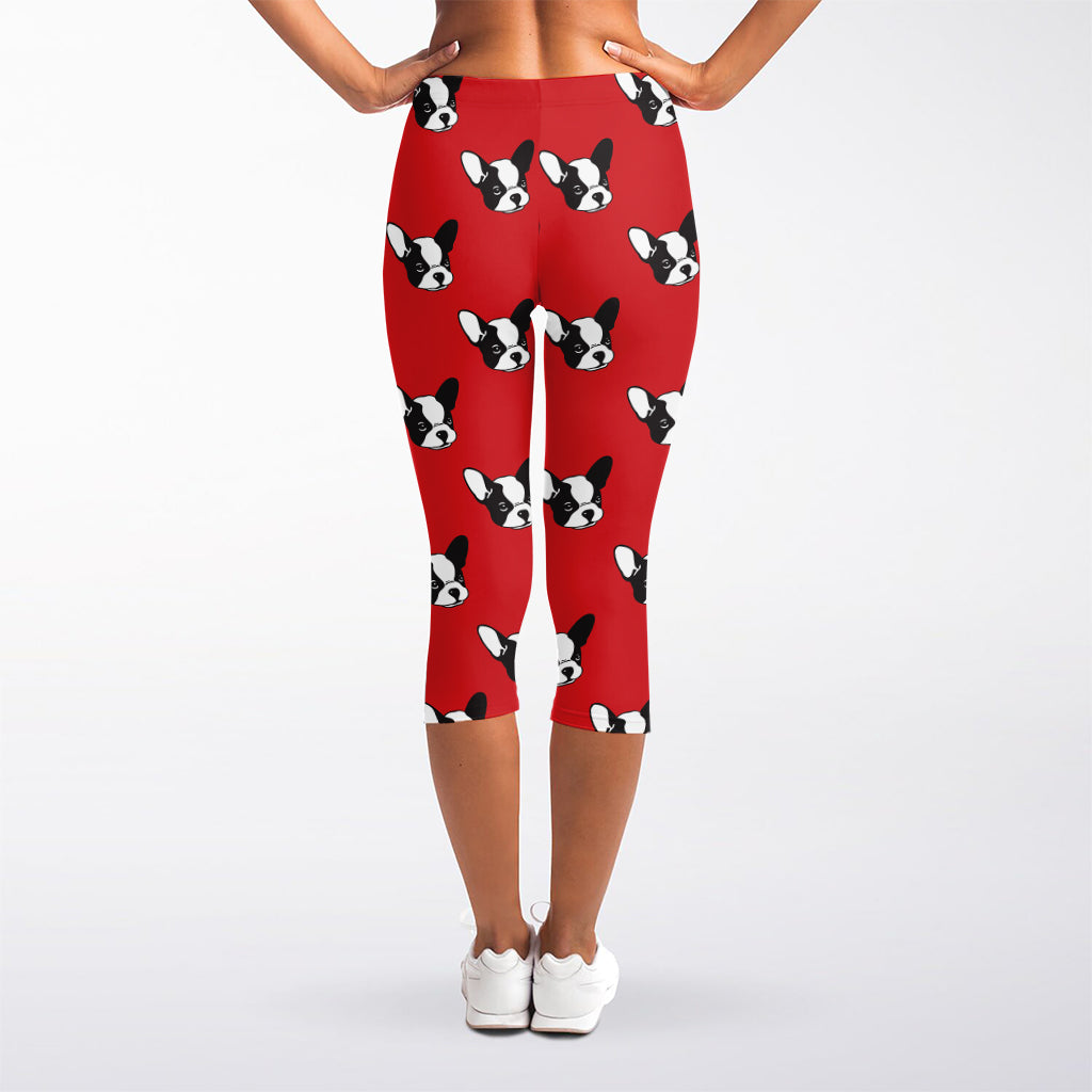 Red French Bulldog Pattern Print Women's Capri Leggings