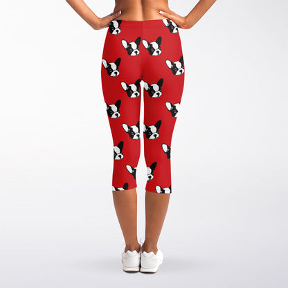 Red French Bulldog Pattern Print Women's Capri Leggings